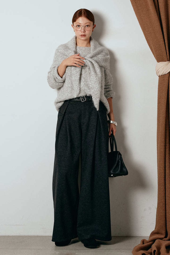 [SET]スカーフ付きミックスニットトップス+細ベルト付き起毛タックワイドパンツ(2set)