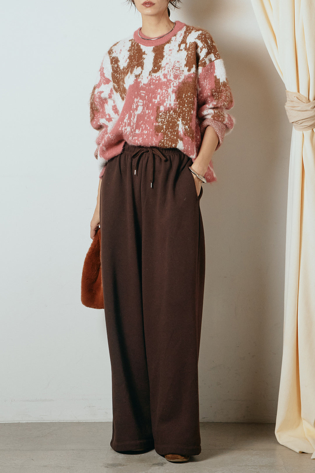 [SET]起毛ニュアンス柄ニットプルオーバー+裏起毛スウェットワイドパンツ(2set)