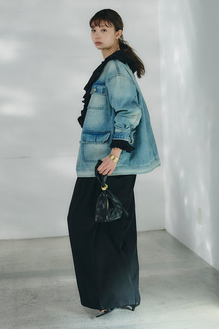 [SET]ノーカラーデニムポケットジャケット+コットンフリルブラウス+ベルト付きタックデザインハイウエストロングパンツ(3set)