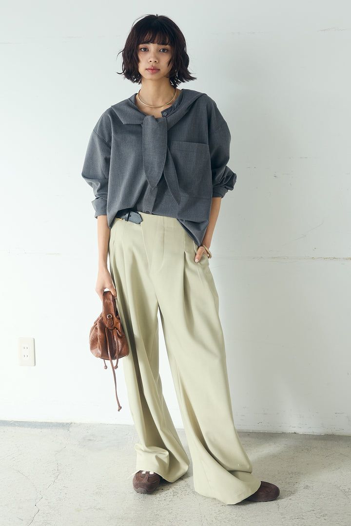 [SET]無地タイ付フーディーBIGシャツ+サイドベルトタック入りスラックス(2set)