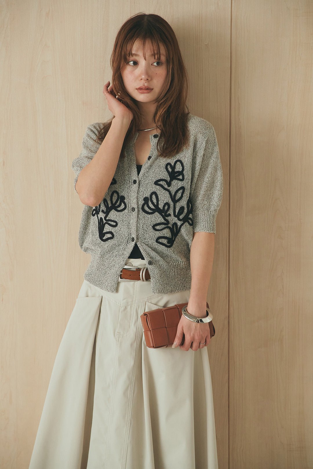 [SET]フロントテープデザイン半袖カーディガン+ミリタリーツイルタックフレアスカート(2set)