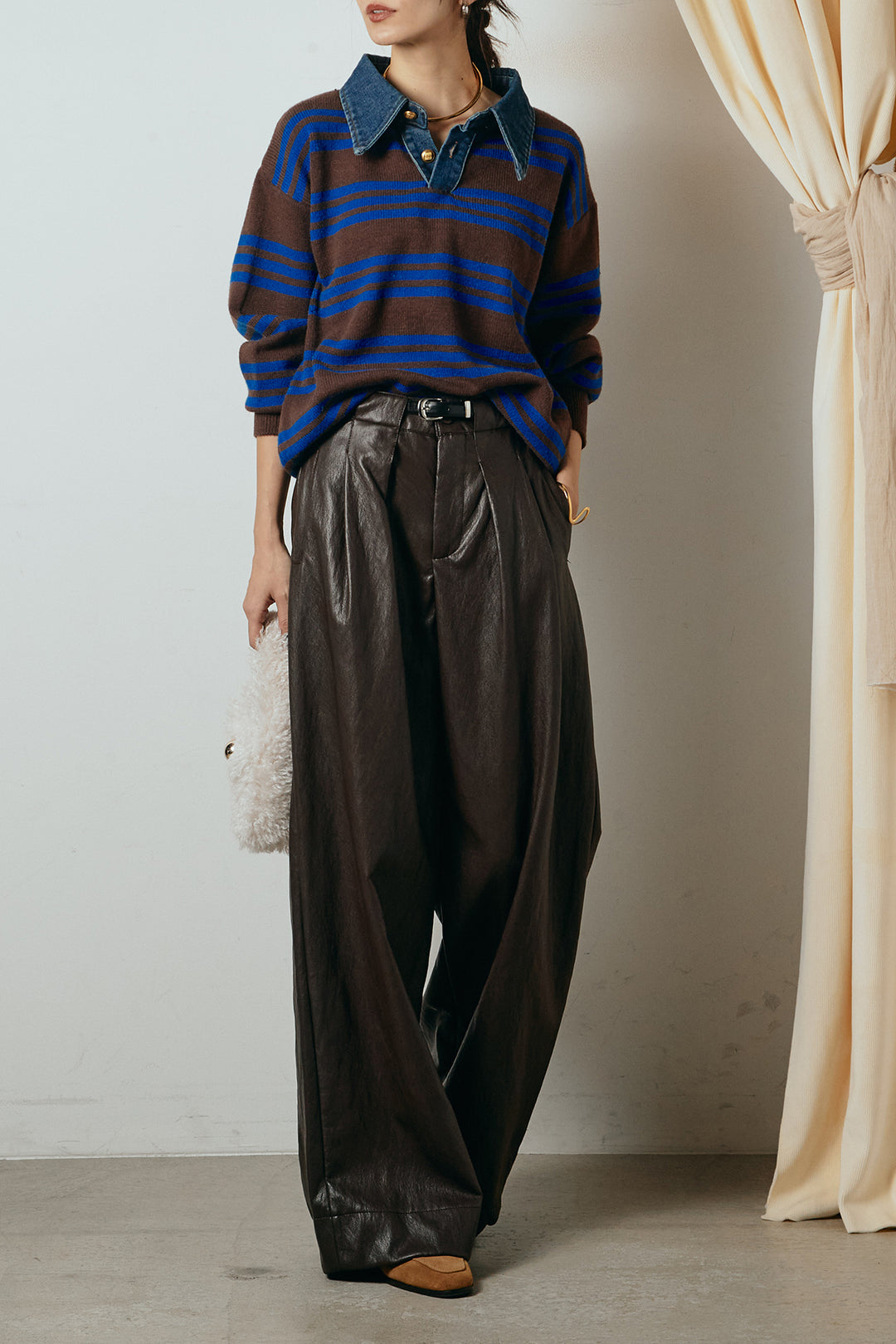 [SET]デニムレイヤード風ランダムボーダーニットプルオーバー+ベルト付きレザーライクタックパンツ(2set)