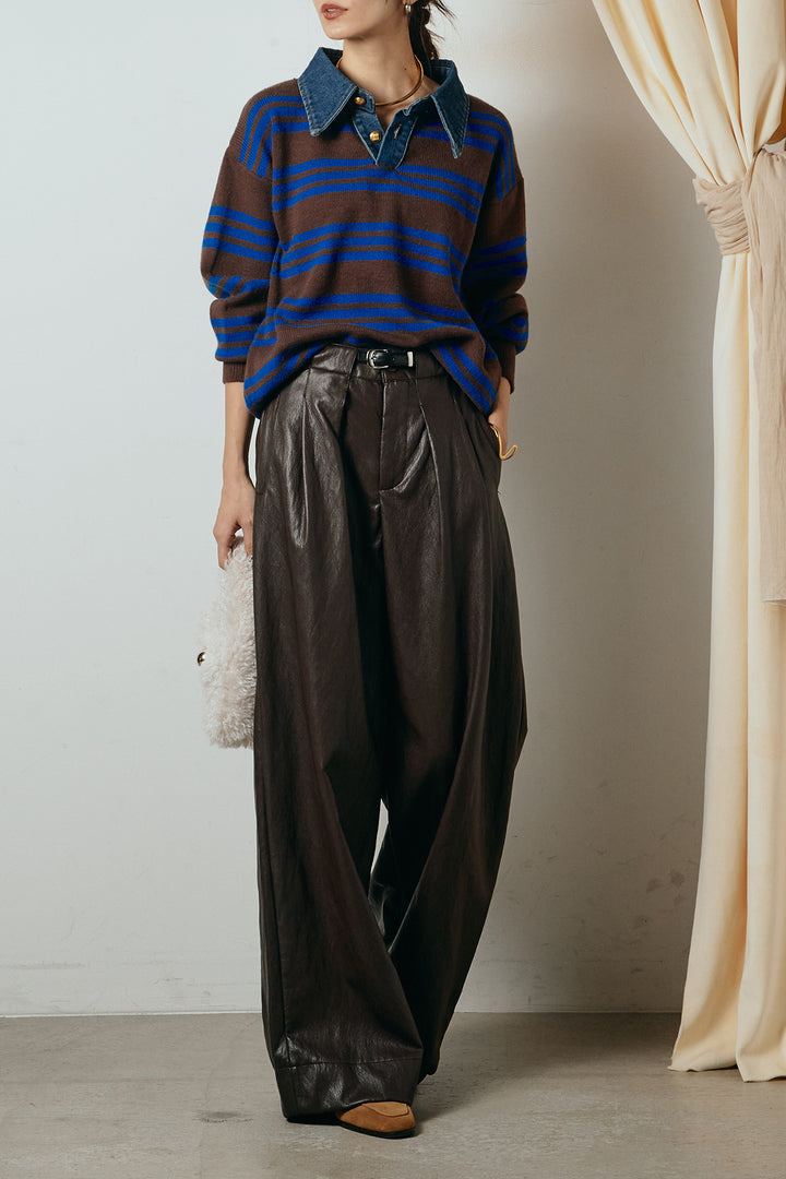 [SET]デニムレイヤード風ランダムボーダーニットプルオーバー+ベルト付きレザーライクタックパンツ(2set)