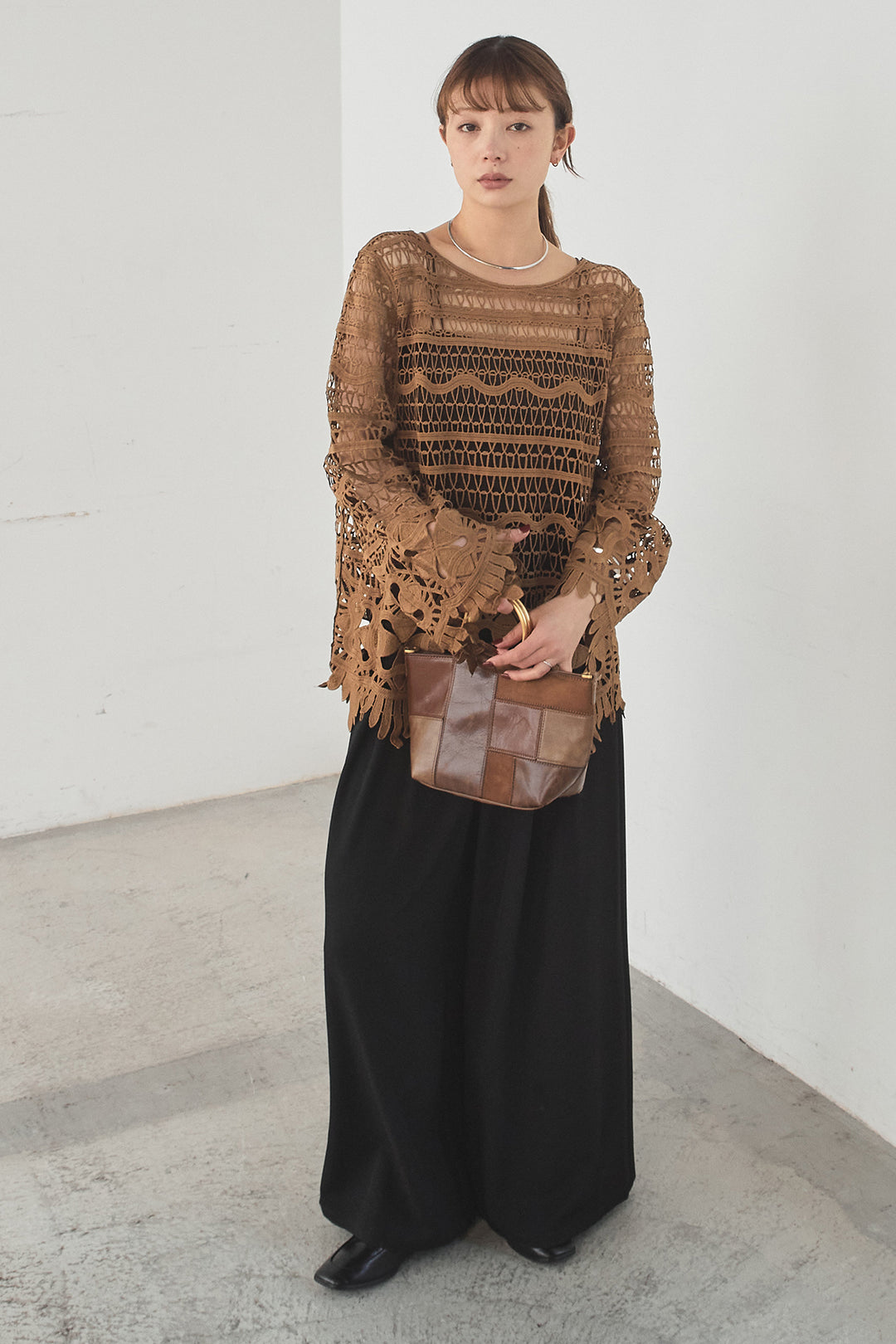 [SET]裾デザインメッシュプルオーバー+ベルト付きツータックワイドパンツ(2set)