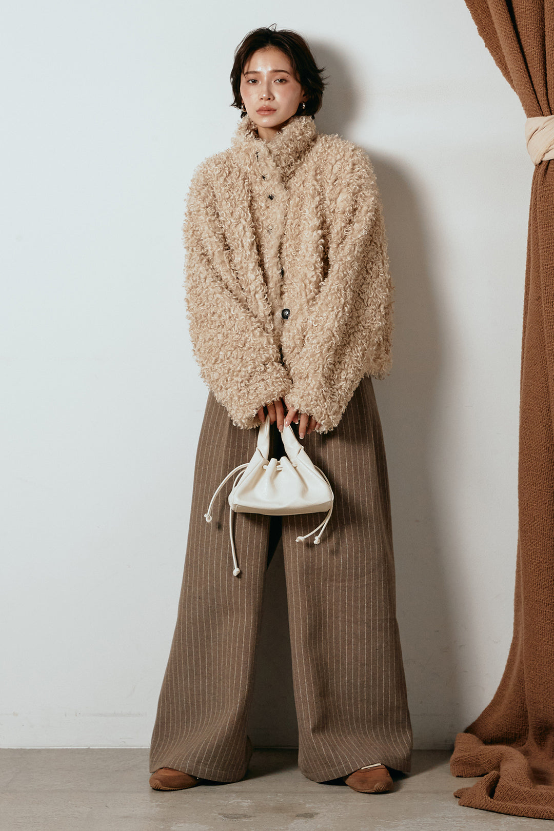 [SET]プードルファーミドルジャケット+ウールライクストライプパンツ(2set)