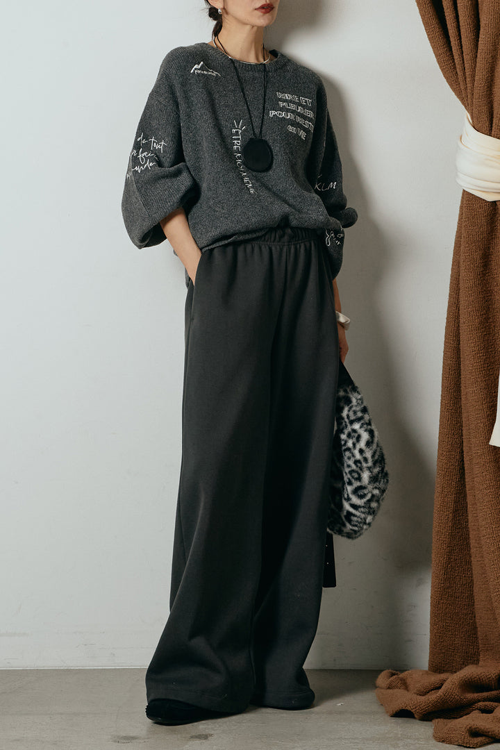 [SET]刺繍ロゴランダムデザインニットトップス+裏起毛スウェットワイドパンツ(2set)