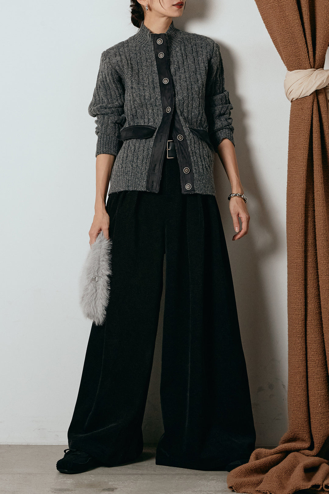 [SET]ボトルネックケーブルニットカーディガン+ベルトループコーデュロイワイドパンツ(2set)
