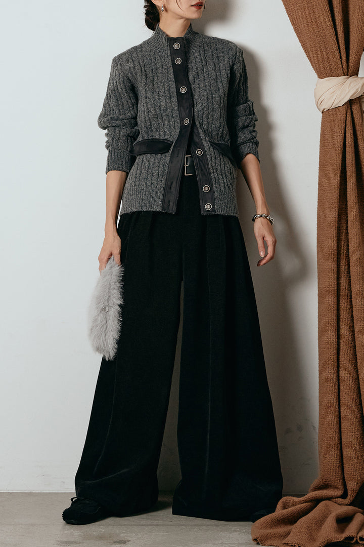 [SET]ボトルネックケーブルニットカーディガン+ベルトループコーデュロイワイドパンツ(2set)