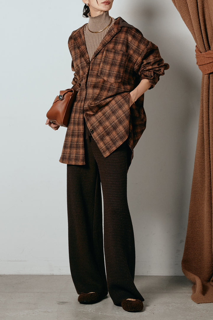 [SET]シャギーチェックシャツジャケット+ワイドリブニットイージーパンツ+リブニットシームレスタートルプルオーバー(3set)