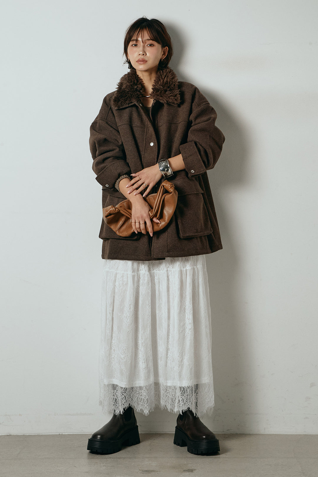 [SET]エコウール衿ファー薄中綿入りミドルカバーオール+ひげレース切替ロング丈スカート(2set)