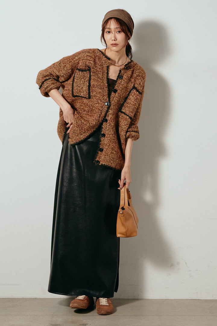 [SET]ミックスニットポケットカーディガン+紐付きフェイクレザーワイドスカート(2set)