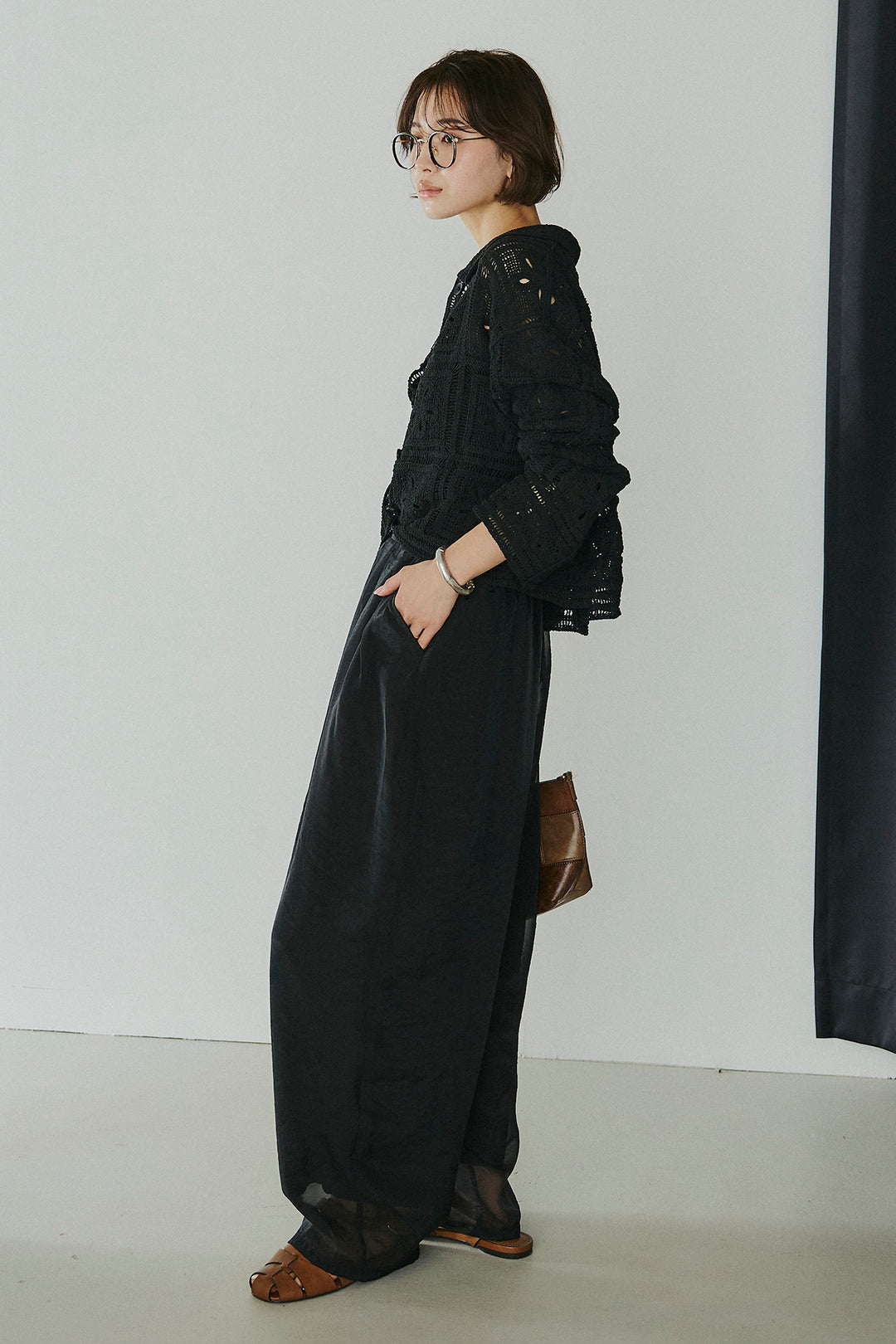 [SET]鍵編みフラワーレースカーディガン+オーガンジータックパンツ(2set)