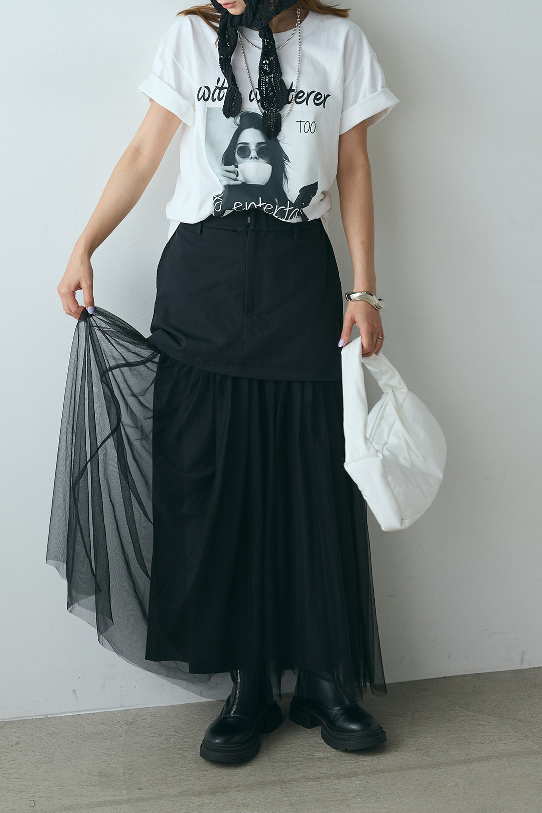 [SET]モノトーンフォトプリントTシャツ+切り替えデザインボリュームチュールスカート(2set)