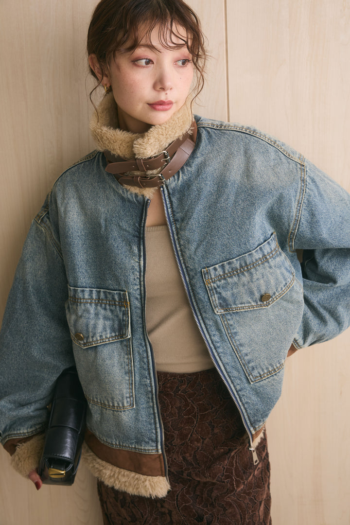 [SET]ファーコンビスタンドカラーデニムコート+リーフ柄ベロアレーススカート(2set)