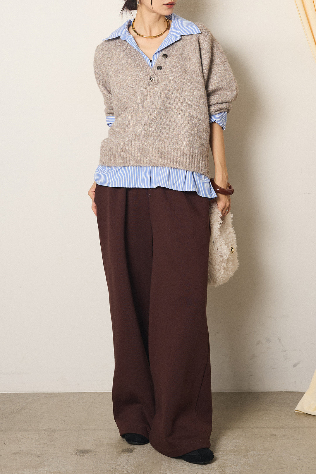 [SET]ストライプシャツドッキングニットポロトップス+裏起毛スウェットワイドパンツ(2set)