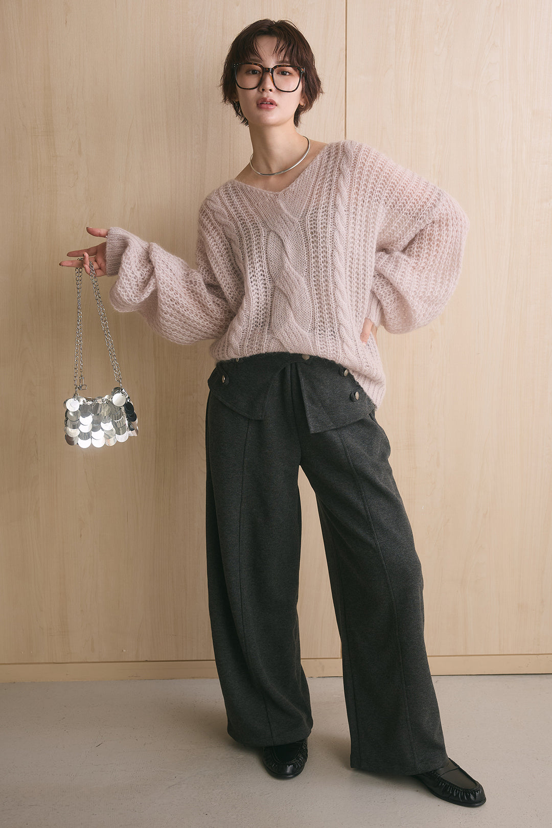 [SET]シアーモヘアケーブルVニックニット+ナポレオンデザインラップカーブパンツ(2set)