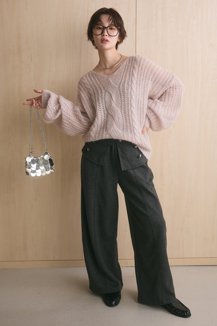 [SET]シアーモヘアケーブルVニックニット+ナポレオンデザインラップカーブパンツ(2set)