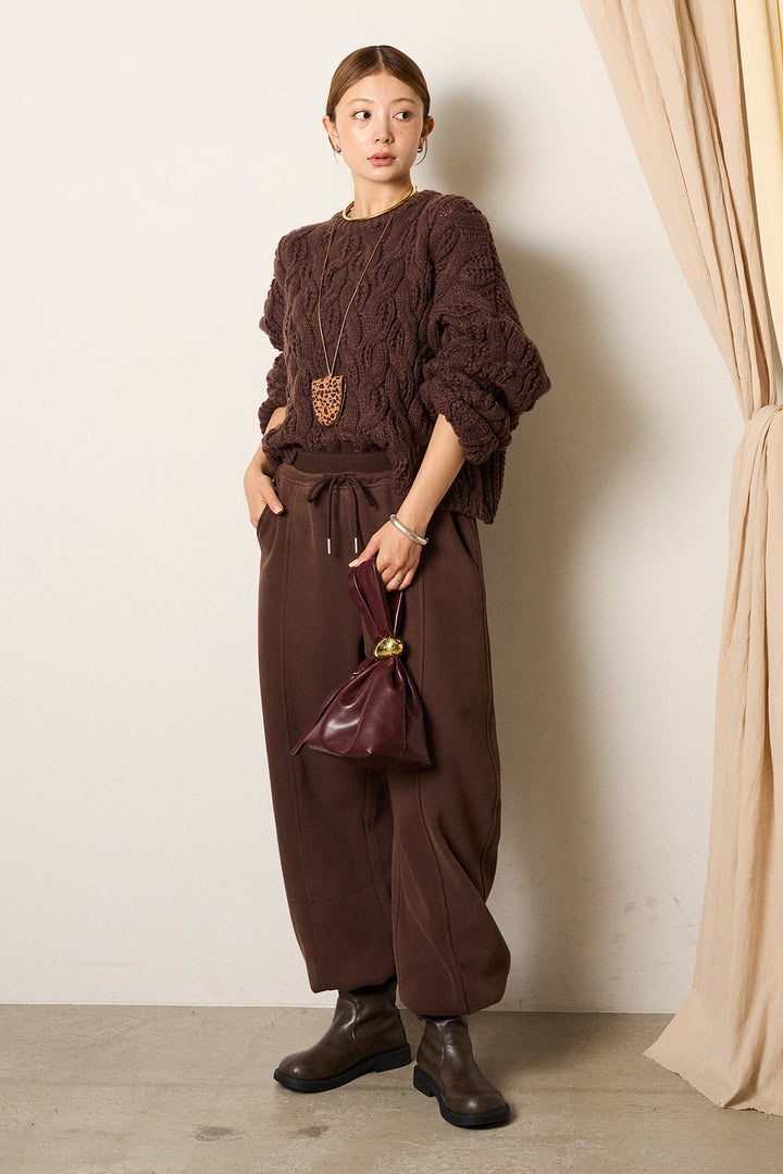 [SET]ケーブルリラックスショートニット+スウェットワイドカーブパンツ(2set)