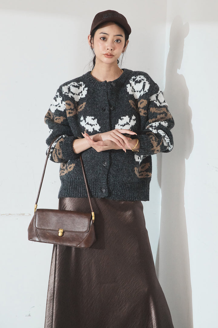 [SET]花柄ジャガードニットカーディガン+裾レースデザインサテンスカート(2set)