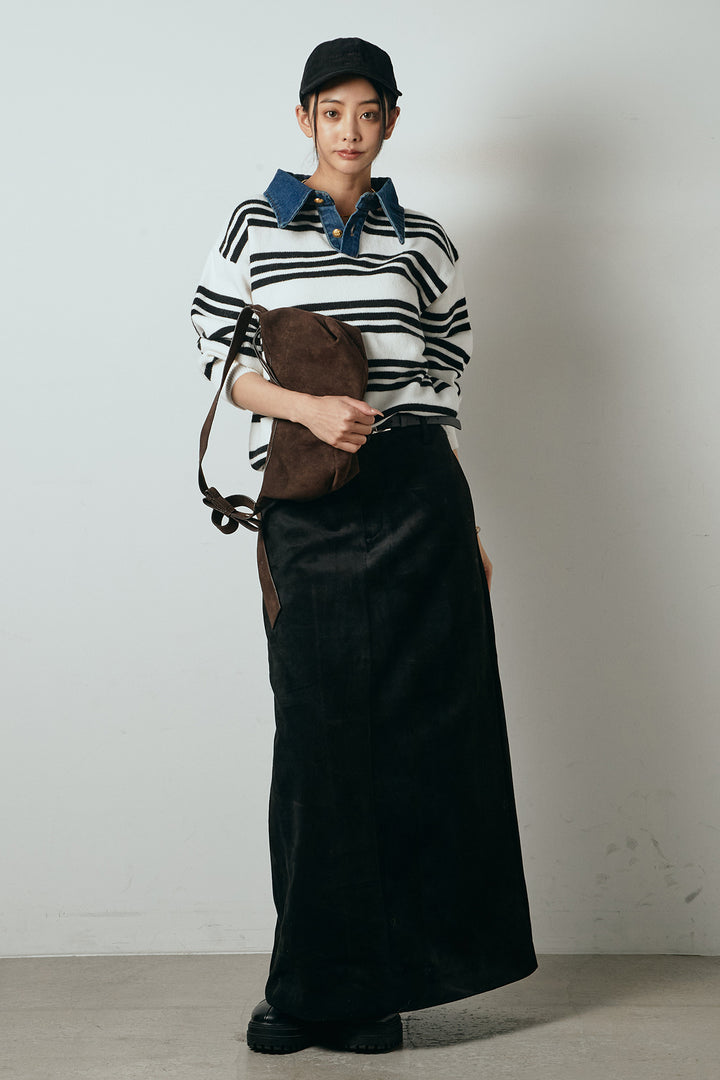 [SET]デニムレイヤード風ランダムボーダーニットプルオーバー+エコスウェードワイドスカート(2set)