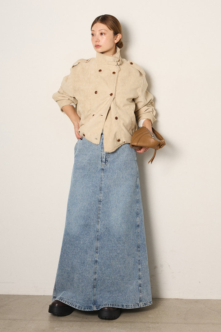 [SET]スタンド襟スウェードライクアウター+デニムロングフレアスカート(2set)