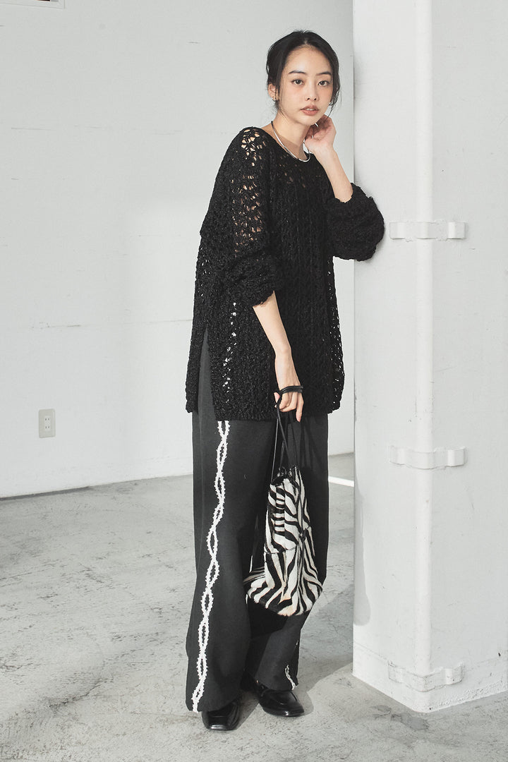 [SET]リラックスメッシュニットトップス+刺繡テープラインパンツ(2set)