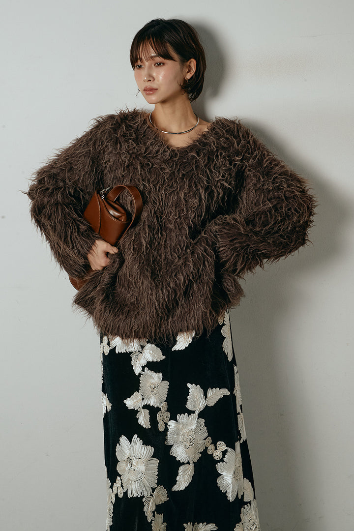 [SET]深Vネックシャギーニットトップス+フラワー刺繍ワイドスカート(2set)