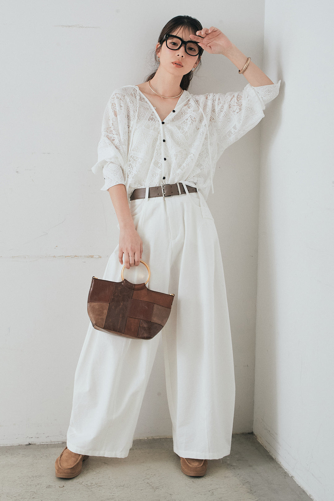 [SET]ブロックレースフード付きブラウス+ベルト付きサイドタックワイドパンツ(2set)