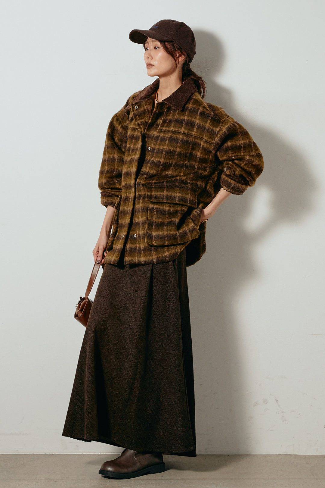 [SET]チェックシャギーミドルカバーオール+スウェードライクロングスカート(2set)