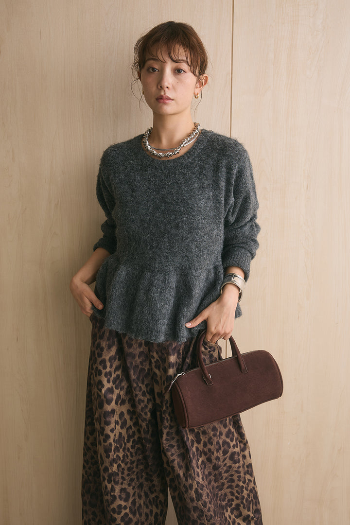 [SET]モヘアぺプラムクルーネックプルオーバー+太ベルト付きレオパード柄ワイドパンツ(2set)