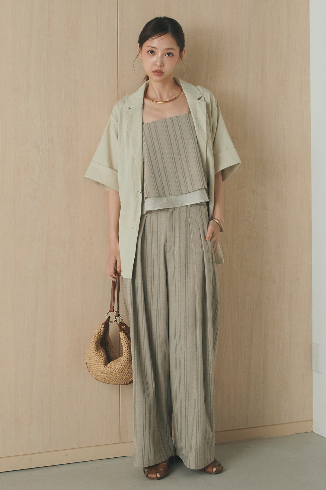 [SET]リネンストライプレイヤードキャミ+リネンストライプタックワイドパンツ(2set)