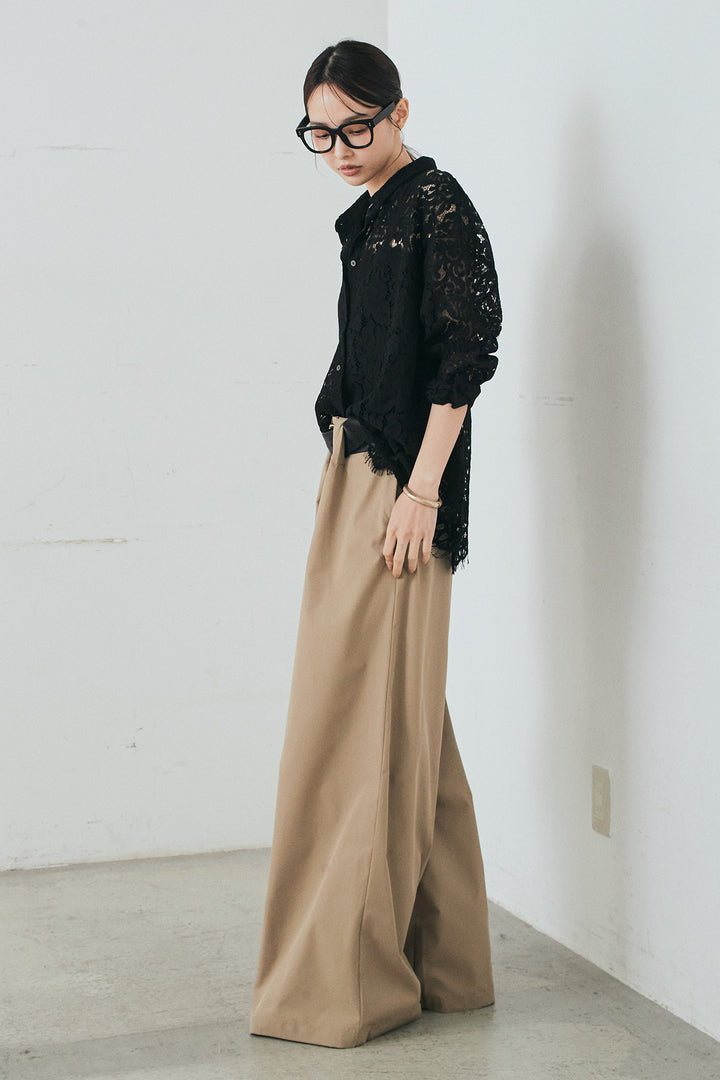 [SET]レース裾スカラップシャツ+ベルトループデザインハイウエストタックパンツ(2set)