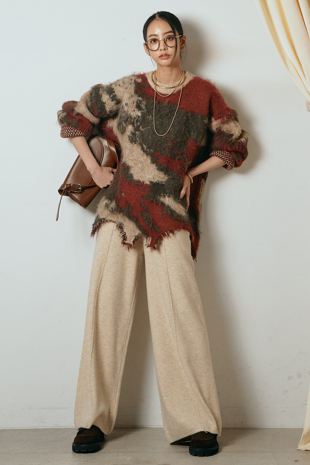 [SET]起毛裾デザインニュアンス柄ニットトップス+センターラインニットパンツ(2set)