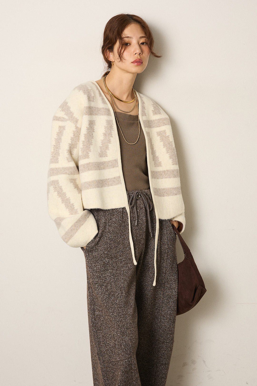[SET]幾何学柄ノーカラーカーディガン+杢ニットフレアパンツ(2set)