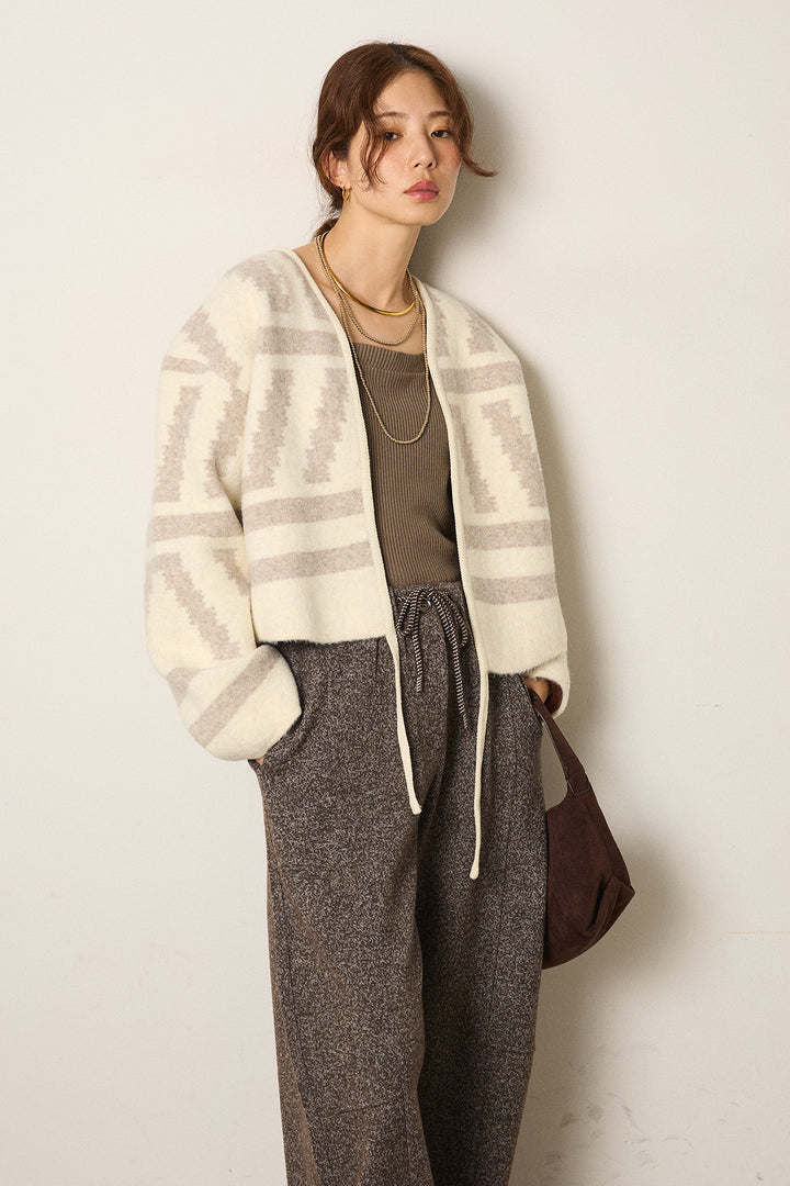 [SET]幾何学柄ノーカラーカーディガン+杢ニットフレアパンツ(2set)