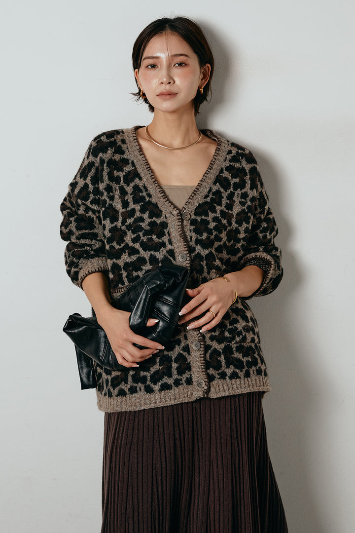 [SET]ステッチデザインレオパードニットカーディガン+リブニットフレアスカート(2set)