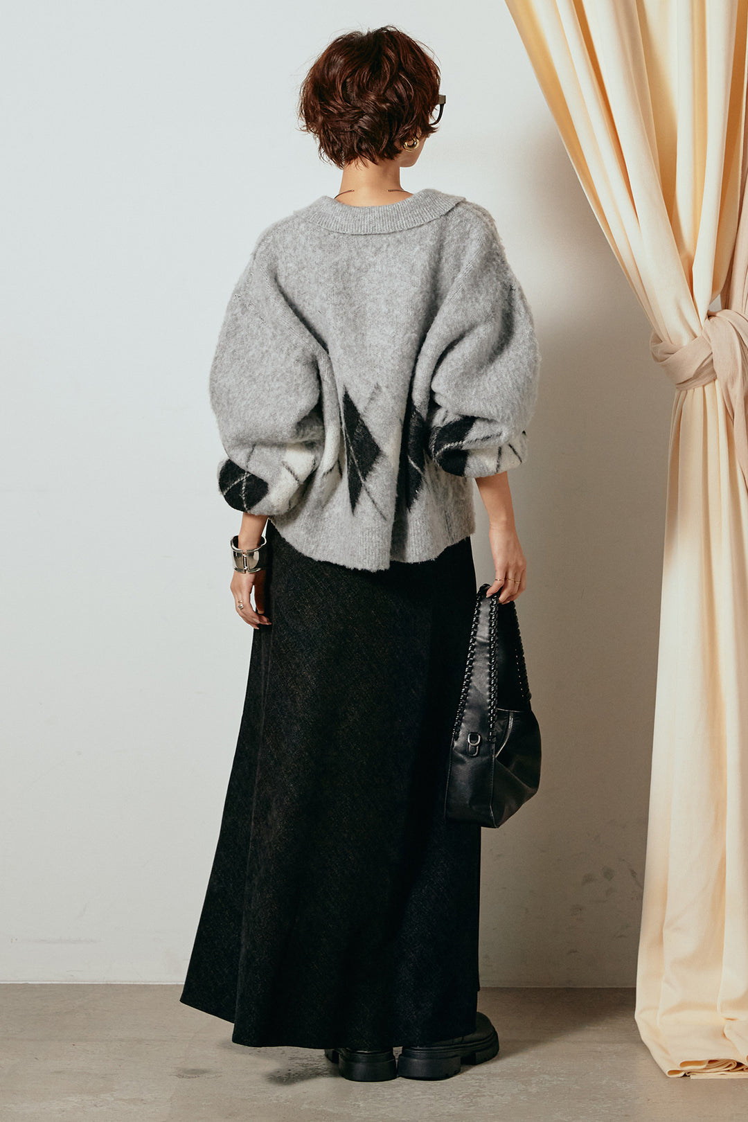[SET]アーガイル柄ポロニットトップス+スウェードライクロングスカート(2set)