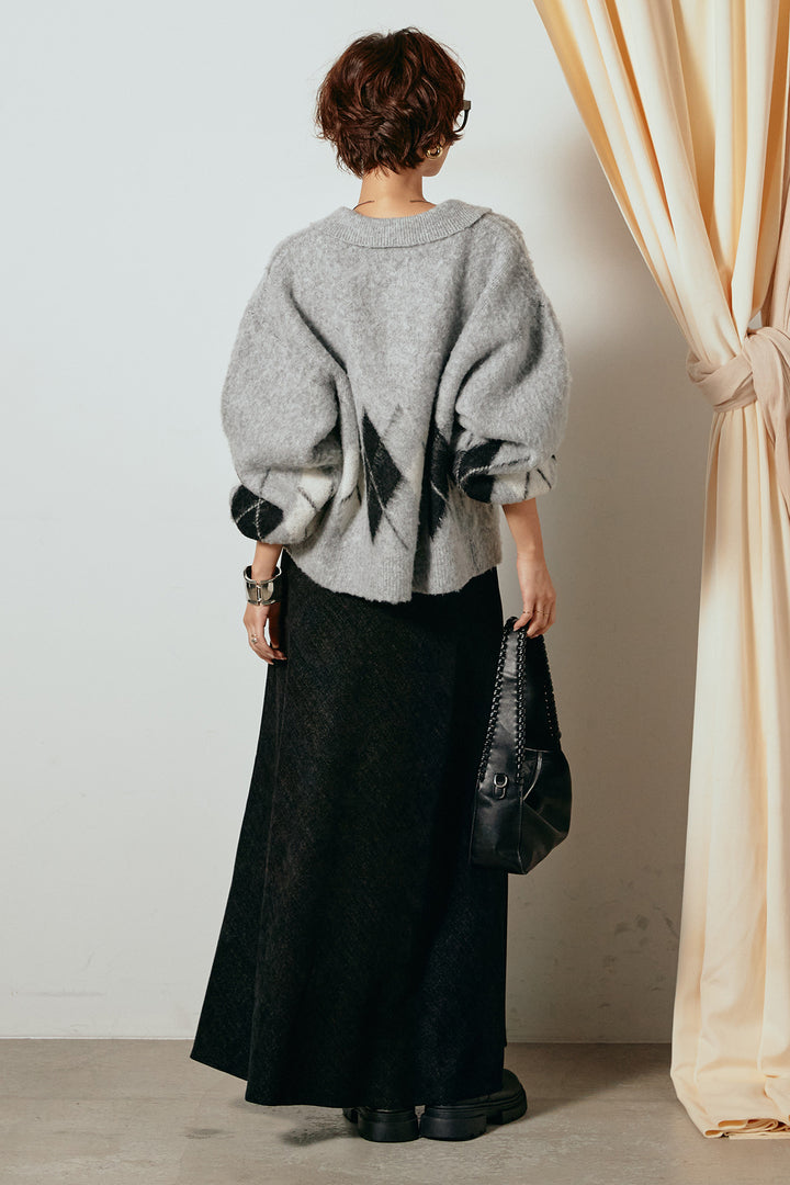 [SET]アーガイル柄ポロニットトップス+スウェードライクロングスカート(2set)