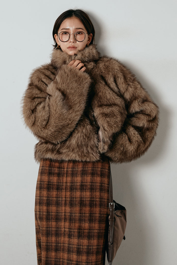 [SET]エコファーショート丈ブルゾン+シャギーチェックストレートスカート(2set)