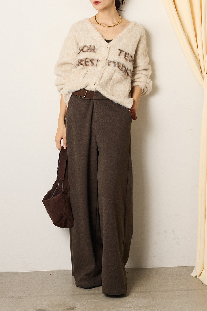 [SET]ウール混透かしロゴニットカーディガン+サイドベルトパンツ(2set)