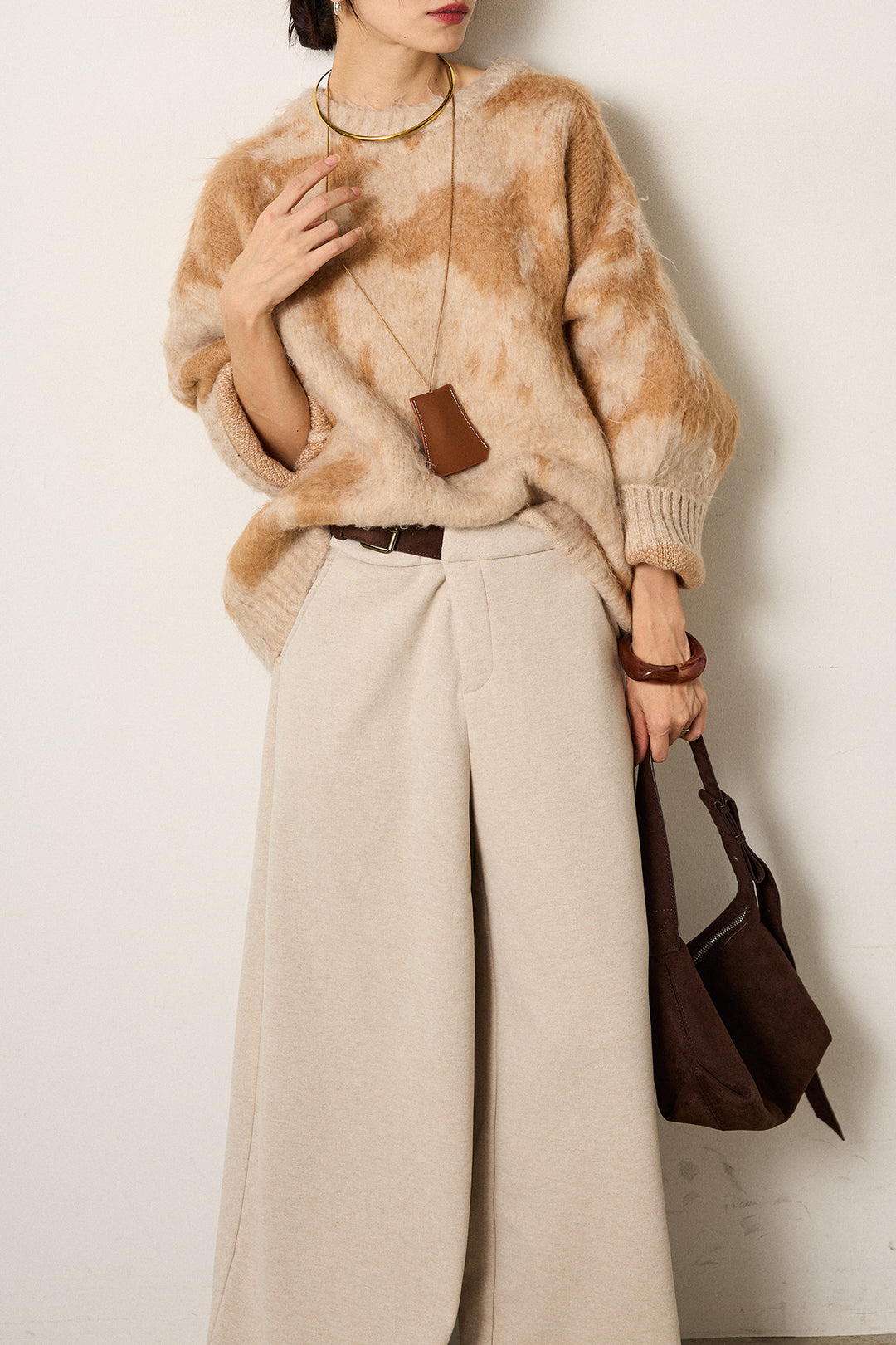 [SET]モヘアタッチマーブルニット+サイドベルトパンツ(2set)