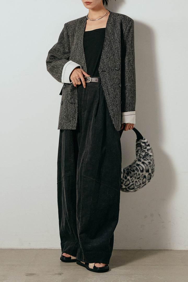 [SET]ノーカラーダブルボタンツイードジャケット+タック入りコーデュロイワイドパンツ(2set)