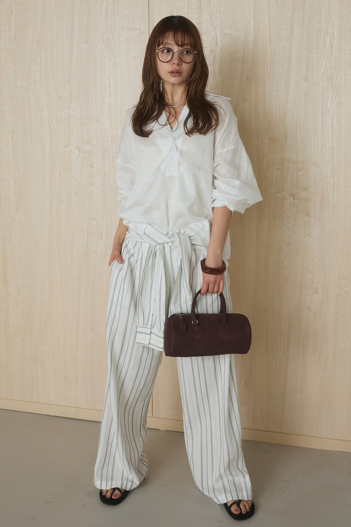 [SET]襟付きボタンブラウス+ウエスト巻きピンストライプパンツ(2set)