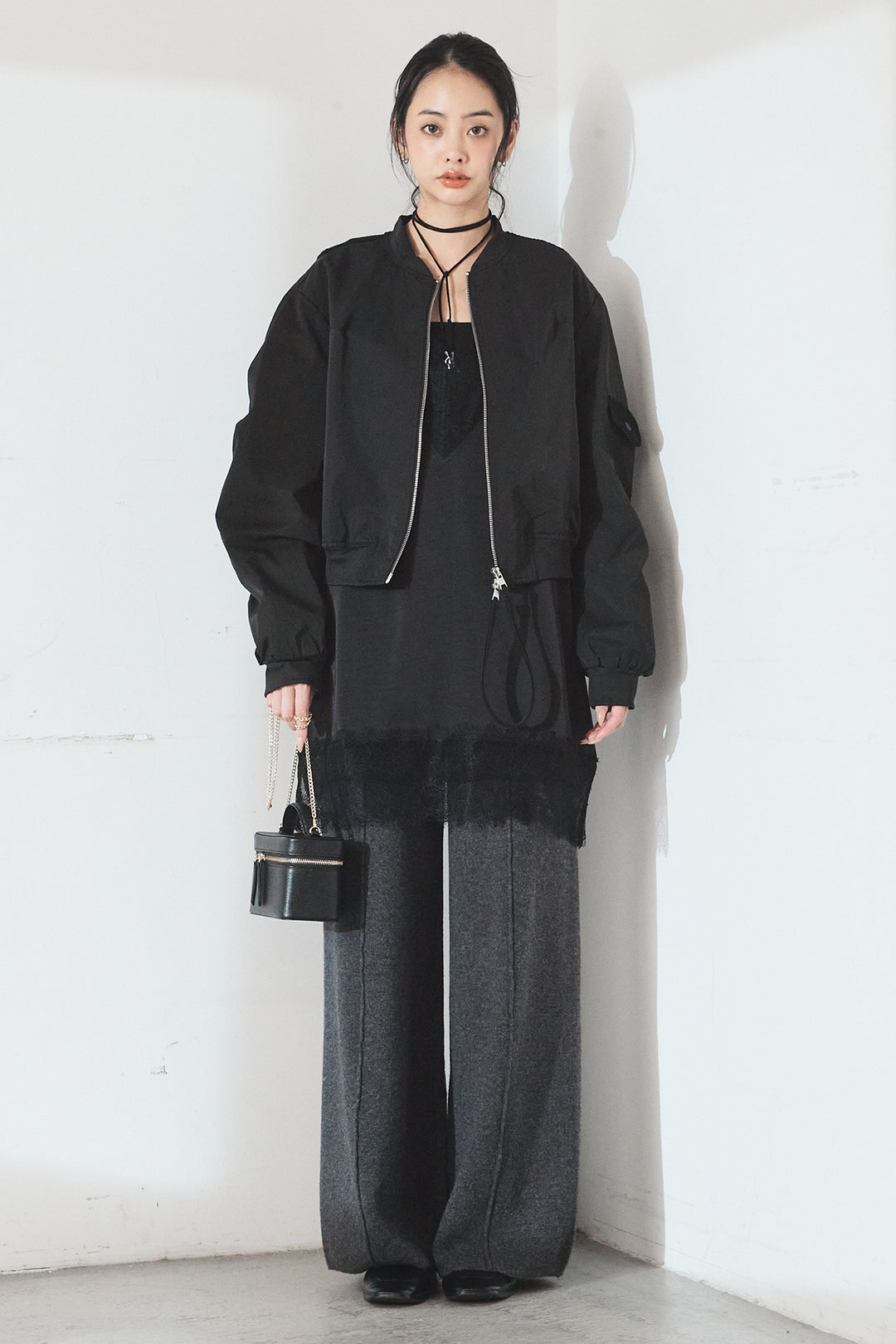 [SET]袖ギャザーデザインブルゾン+センターラインニットパンツ(2set)