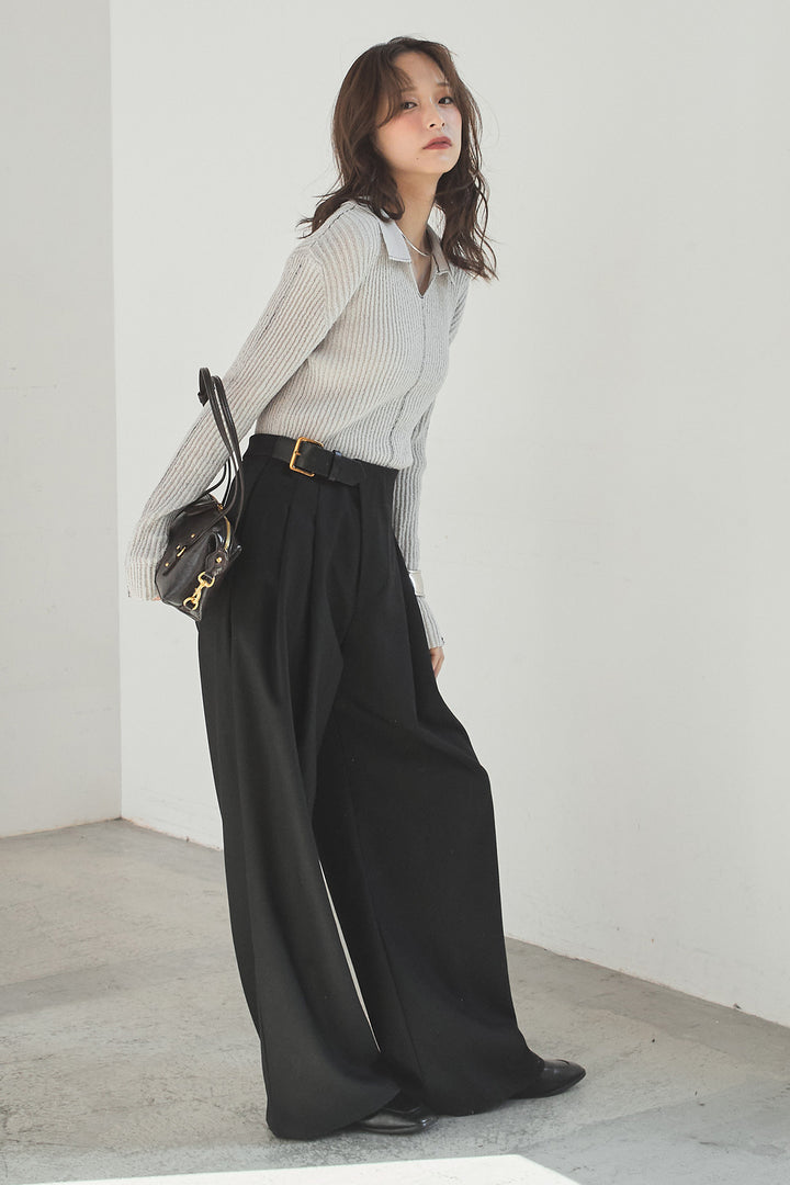 [SET]衿付きニットプルオーバー+サイドベルトタック入りスラックス(2set)
