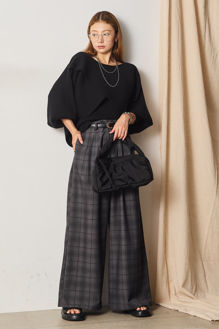 [SET]タンク付きクロスデザインニットプルオーバー+タック入りタータンチェックワイドパンツ(2set)