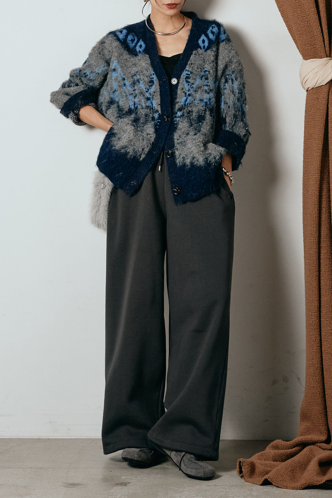 [SET]シャギーニュアンス柄ニットカーディガン+裏起毛スウェットワイドパンツ(2set)