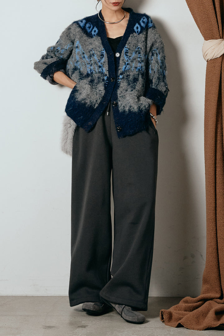 [SET]シャギーニュアンス柄ニットカーディガン+裏起毛スウェットワイドパンツ(2set)