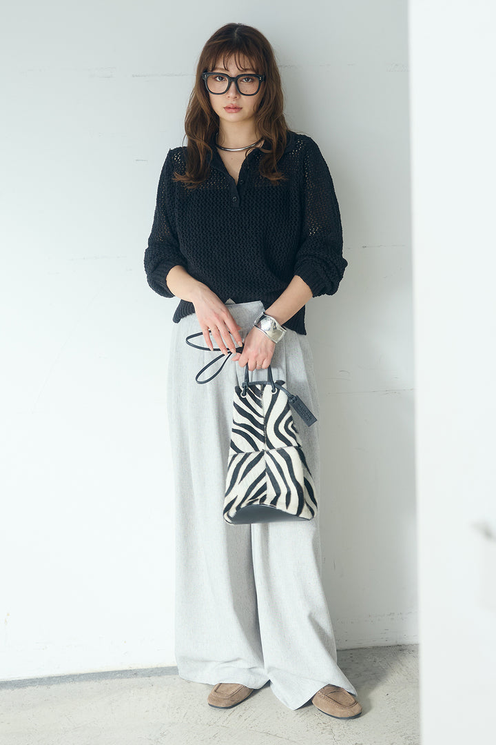 [SET]ミックスメッシュポロニット+麻混タックワイドパンツ(2set)