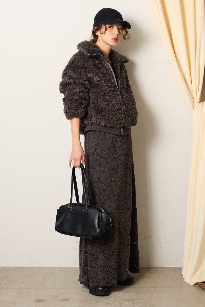 [SET]スタンドカラー裾リブボアブルゾン+花柄刺繍ベロアフレアスカート(2set)